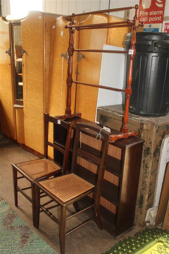 Victorian mahogany towel rail, two cane seat chairs & a three-tier dwarf open bookcase